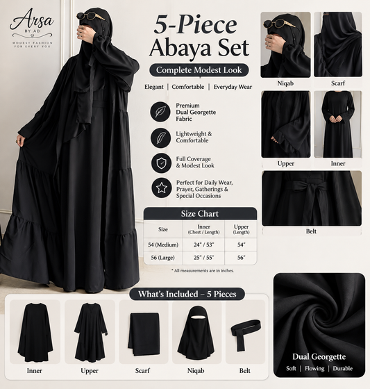 5-Piece Abaya Set with Niqab, Belt & Scarf – Premium Dual Georgette