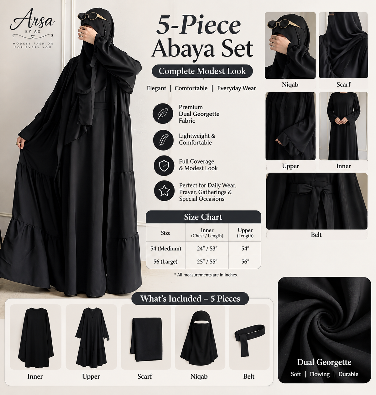 5-Piece Abaya Set with Niqab, Belt & Scarf – Premium Dual Georgette