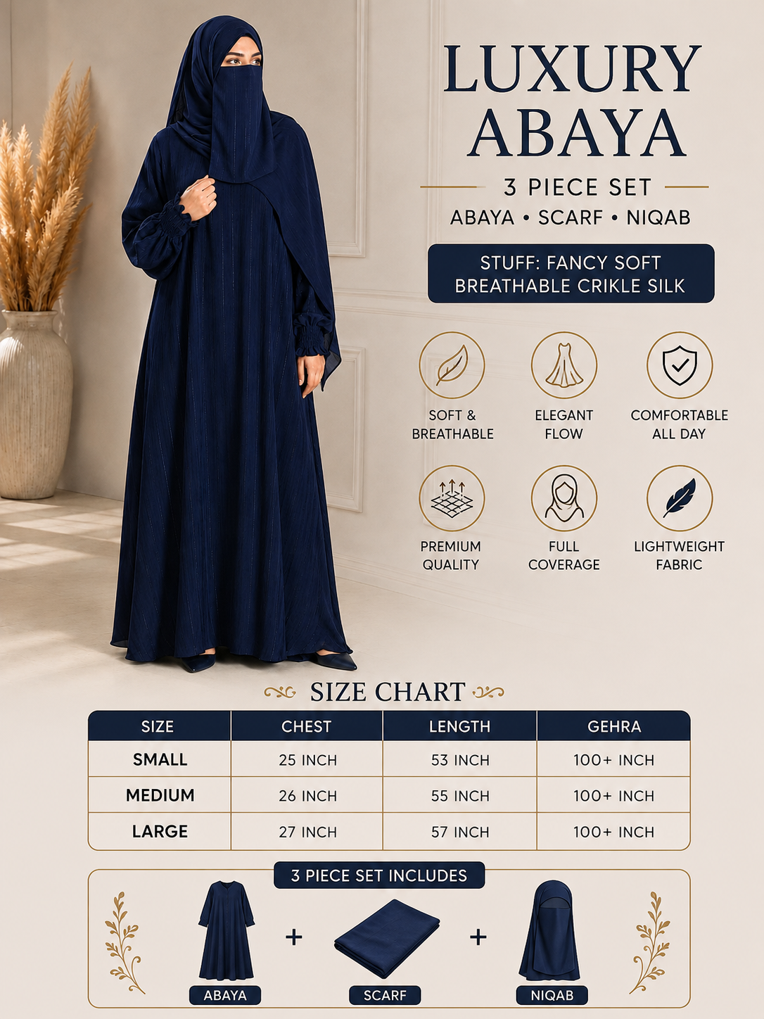 Luxury 3-Piece Abaya Set – Abaya, Scarf & Niqab | Soft Breathable Crinkle Silk
