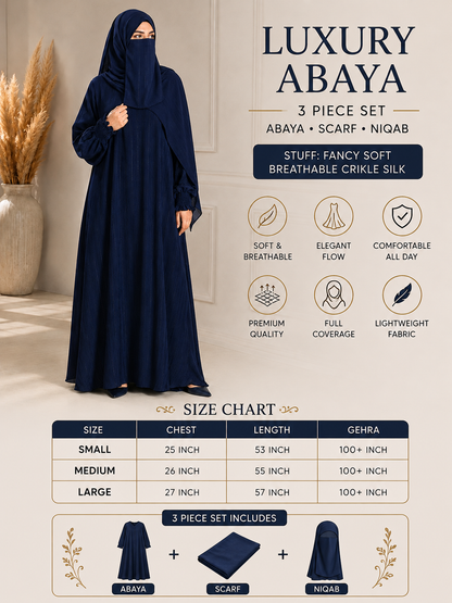 Luxury 3-Piece Abaya Set – Abaya, Scarf & Niqab | Soft Breathable Crinkle Silk