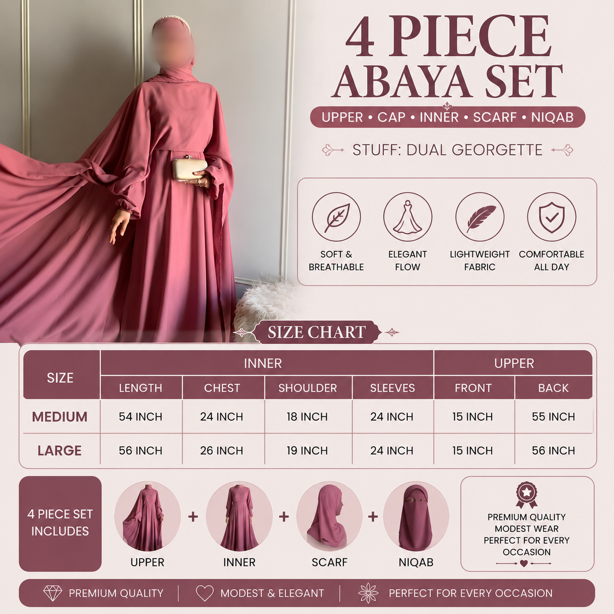 Princess Abaya 4-Piece Set – Upper, Inner, Scarf & Niqab | Premium Dual Georgette