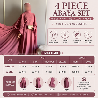 Princess Abaya 4-Piece Set – Upper, Inner, Scarf & Niqab | Premium Dual Georgette