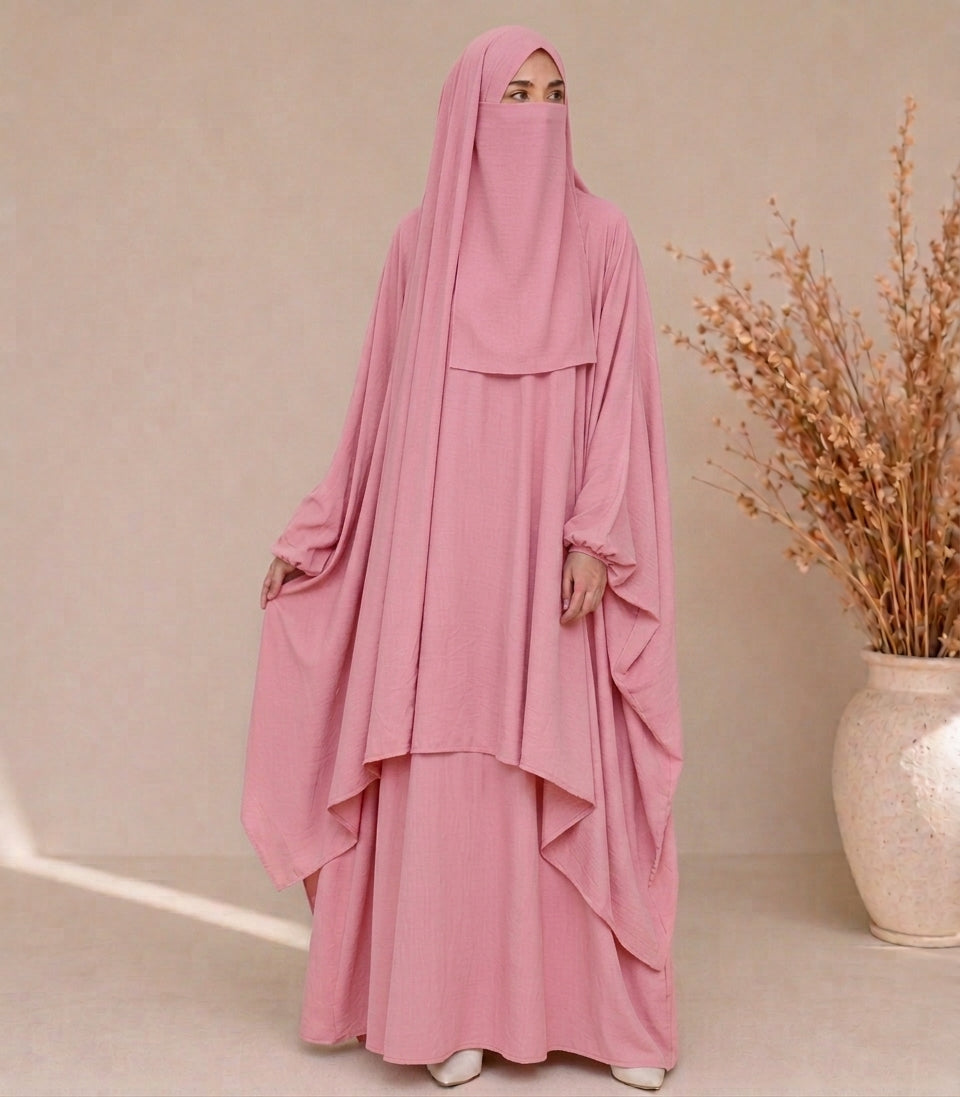 3-Piece Jilbab Abaya Set with Niqab & Skirt – Full Coverage Georgette | Free Size