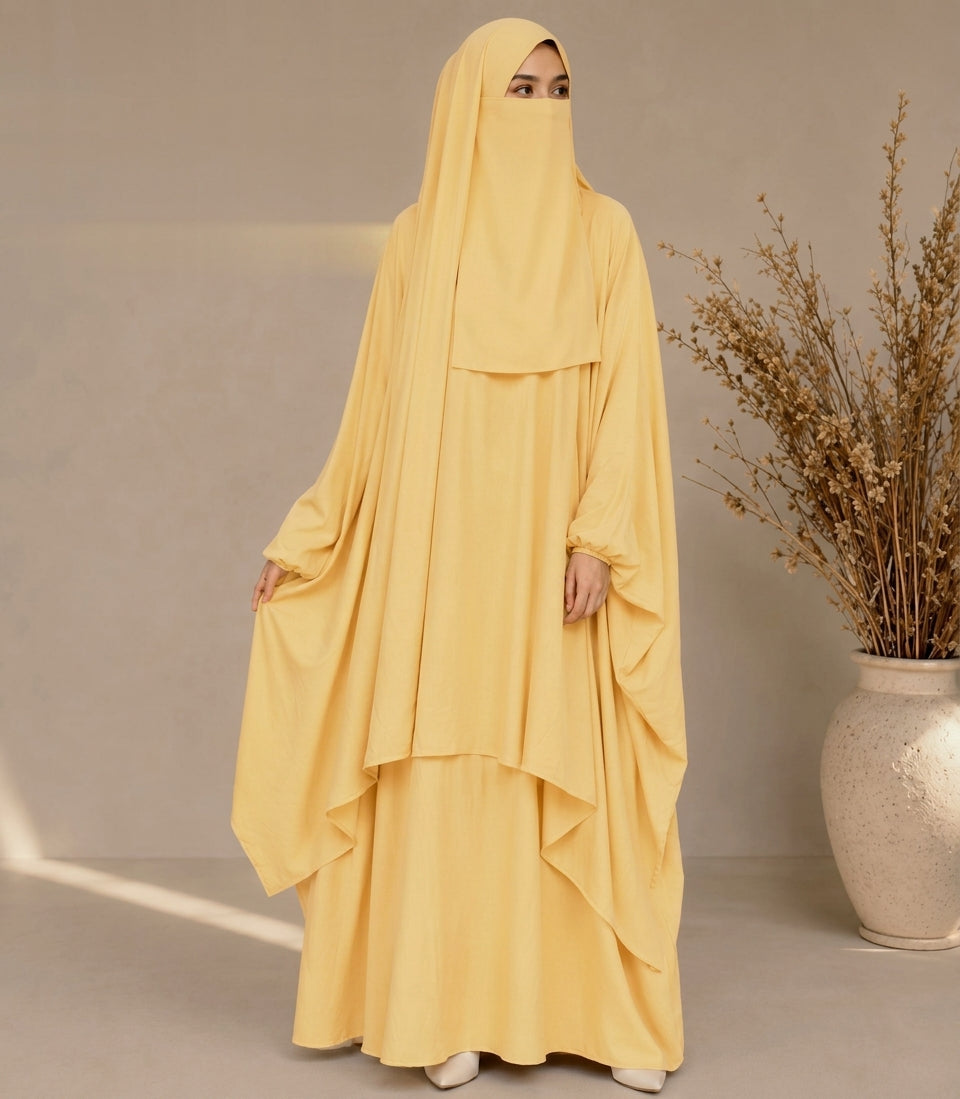 3-Piece Jilbab Abaya Set with Niqab & Skirt – Full Coverage Georgette | Free Size