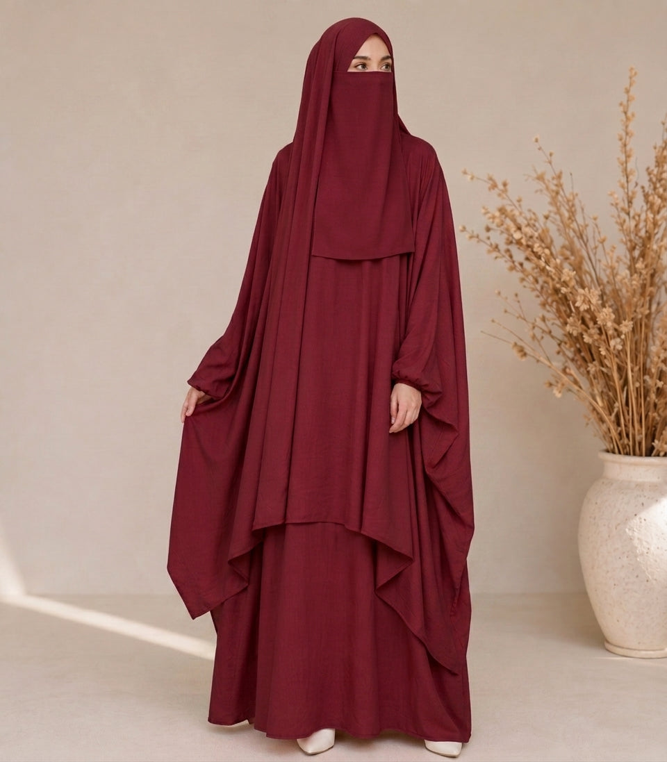 3-Piece Jilbab Abaya Set with Niqab & Skirt – Full Coverage Georgette | Free Size