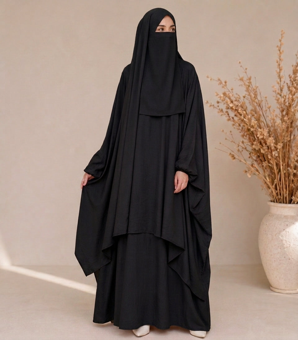 3-Piece Jilbab Abaya Set with Niqab & Skirt – Full Coverage Georgette | Free Size