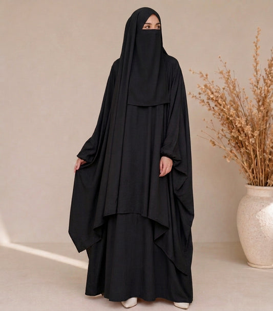 3-Piece Jilbab Abaya Set with Niqab & Skirt – Full Coverage Georgette | Free Size