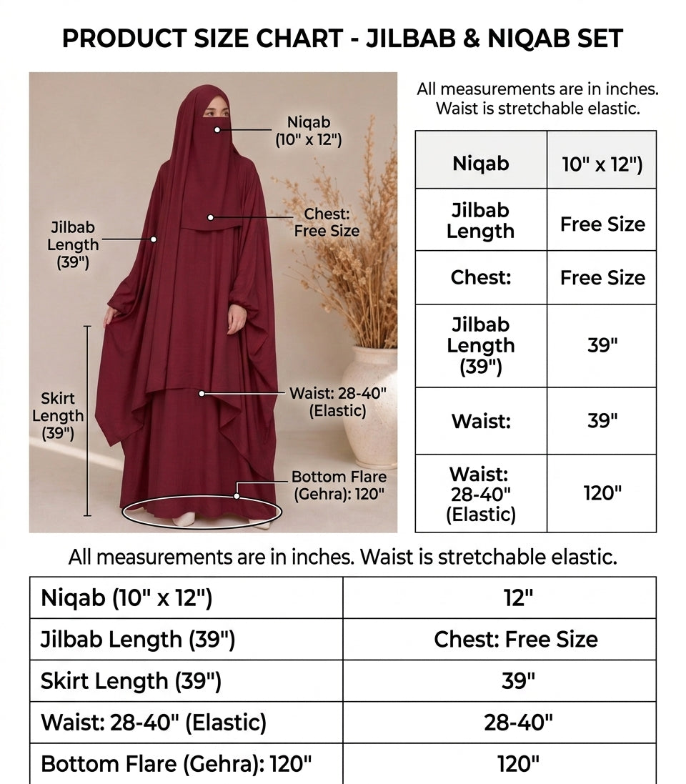 3-Piece Jilbab Abaya Set with Niqab & Skirt – Full Coverage Georgette | Free Size