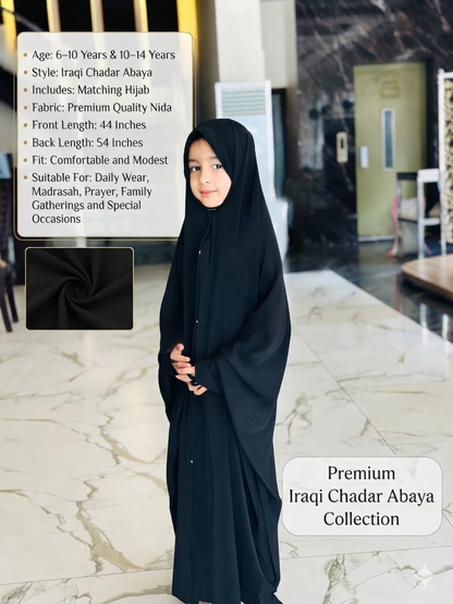 Kids Iraqi Chadar Abaya for Girls | Premium Nida Fabric Hijab | Ages 6–14
