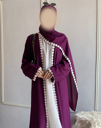 Elegant Lacey Kimono Abaya with Attached Inner & Lacey Scarf | Premium Dual Georgette
