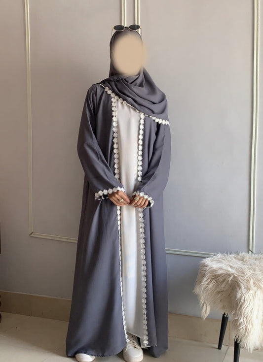 Elegant Lacey Kimono Abaya with Attached Inner & Lacey Scarf | Premium Dual Georgette