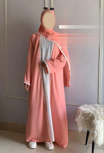 Elegant Lacey Kimono Abaya with Attached Inner & Lacey Scarf | Premium Dual Georgette