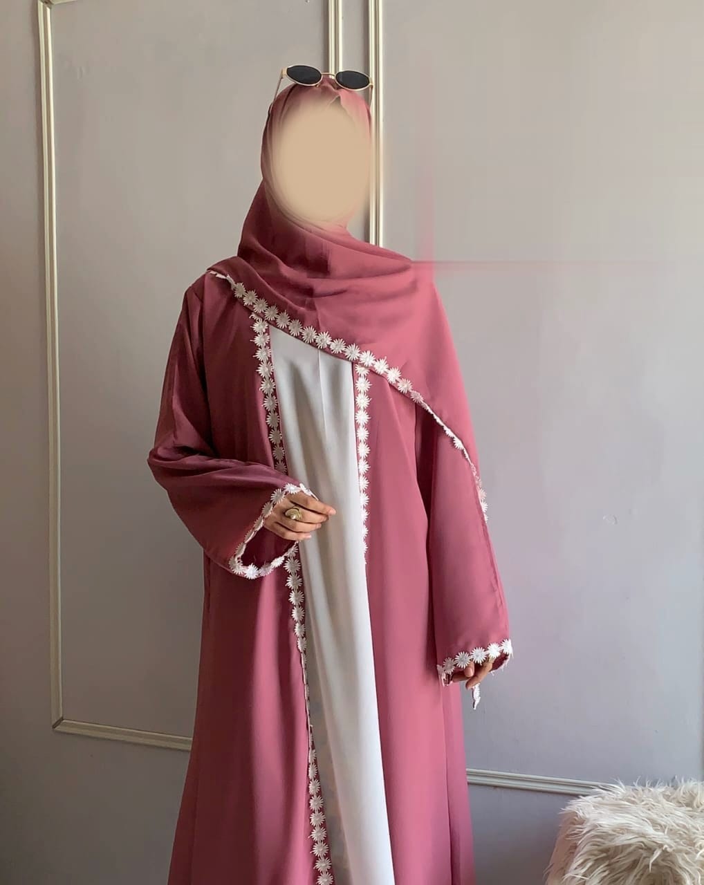 Elegant Lacey Kimono Abaya with Attached Inner & Lacey Scarf | Premium Dual Georgette