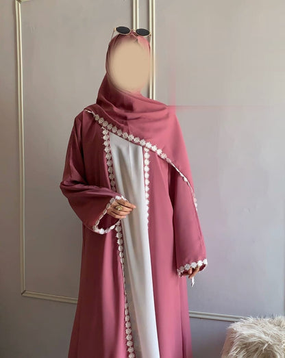 Elegant Lacey Kimono Abaya with Attached Inner & Lacey Scarf | Premium Dual Georgette